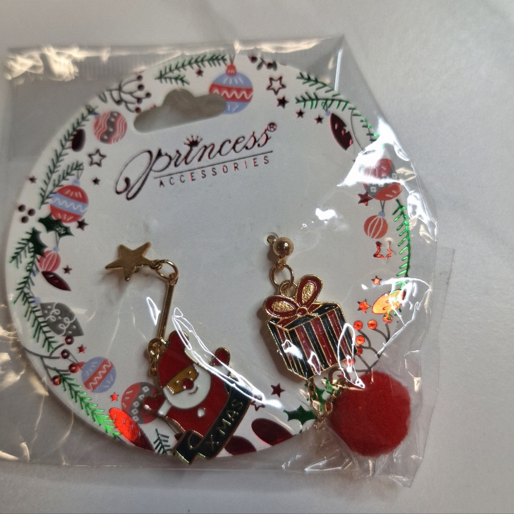 Princess Accessories Christmas Mismatch Santa Gift Pom Pom Dangle Stud Earrings